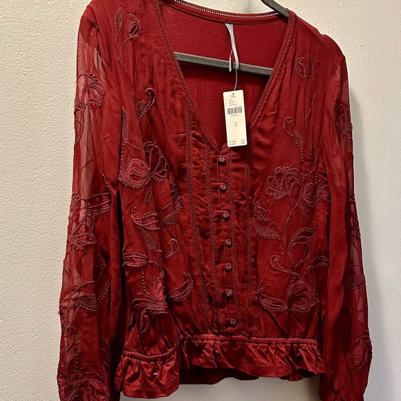 NWT Anthropologie Deep Red Embroidered Button Down Top - Picture 5 of 9